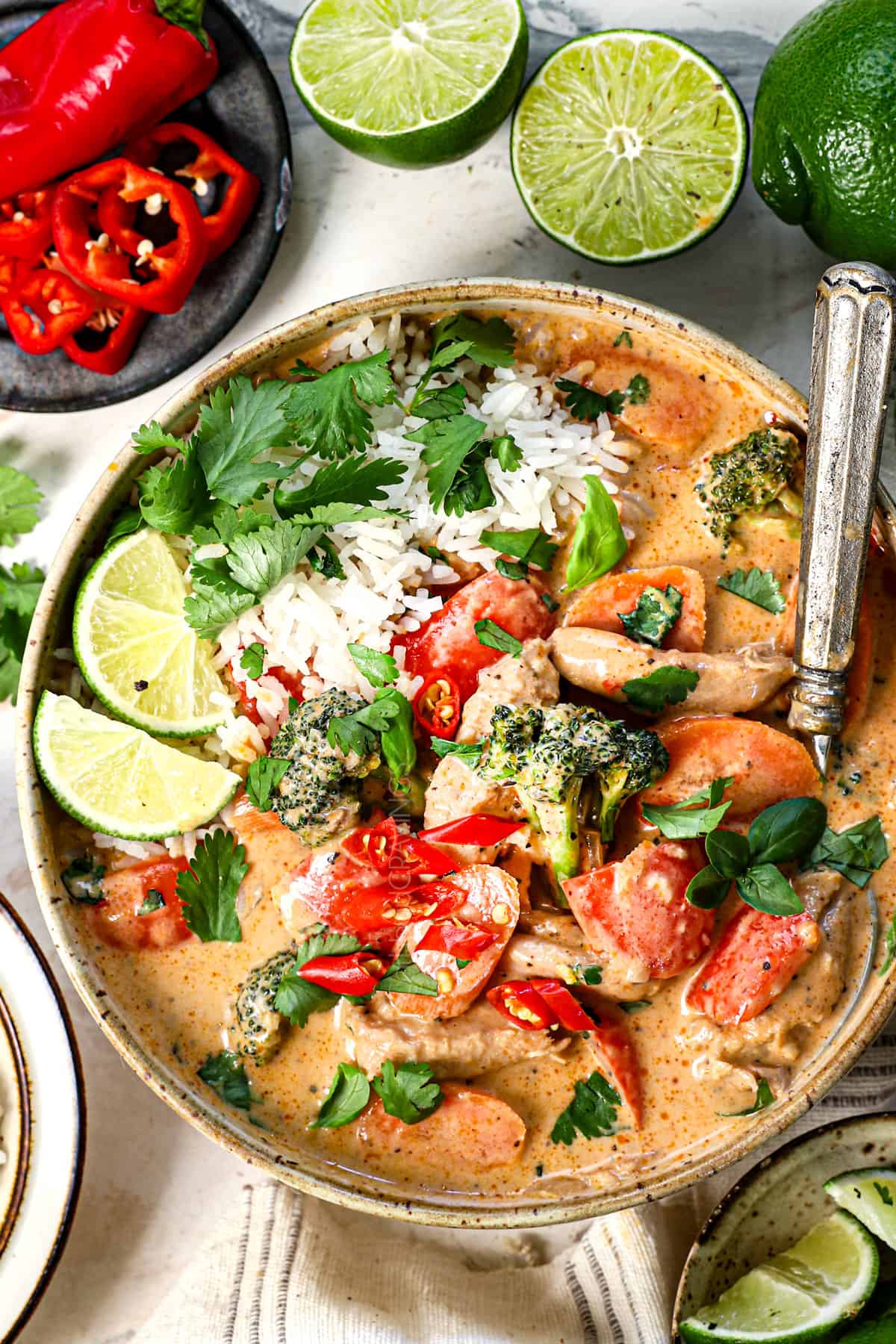 top view of a bowl of Thai red curry served with rice