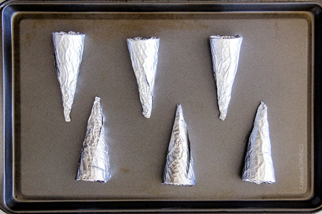 Showing how to make Puff Pastry Cannoli Cones using foil to form cone shape.