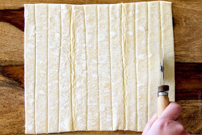 Showing how to make Puff Pastry Cannoli Cones by cutting the dough.