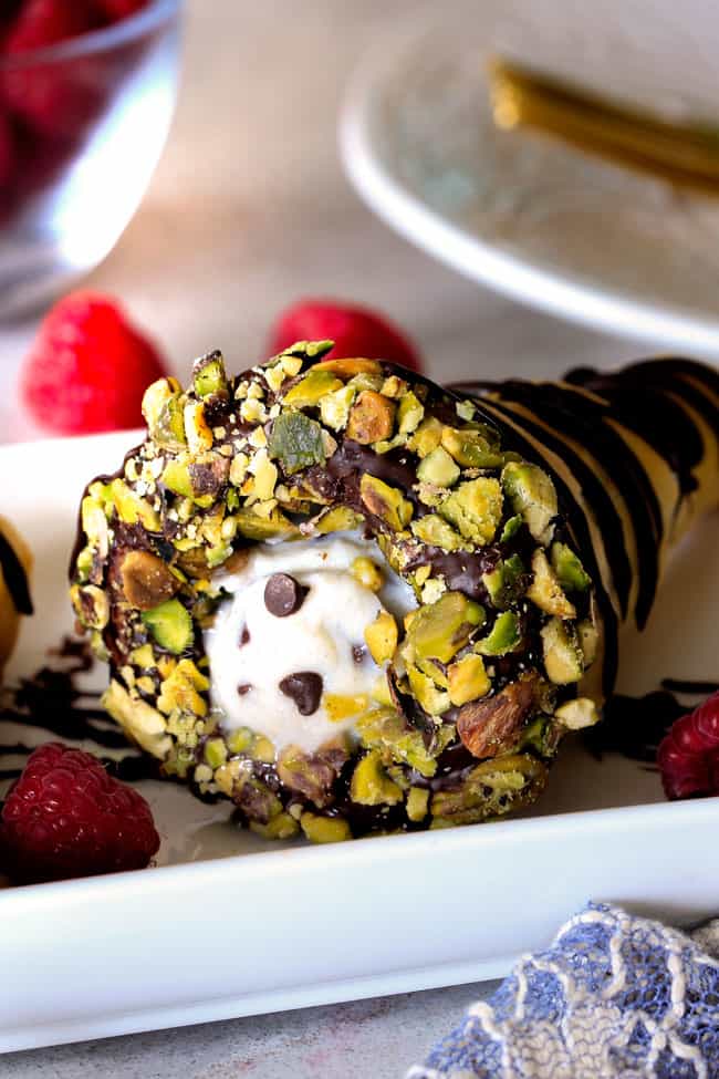 Puff Pastry Cannoli Cones with pistachios and chocolate.