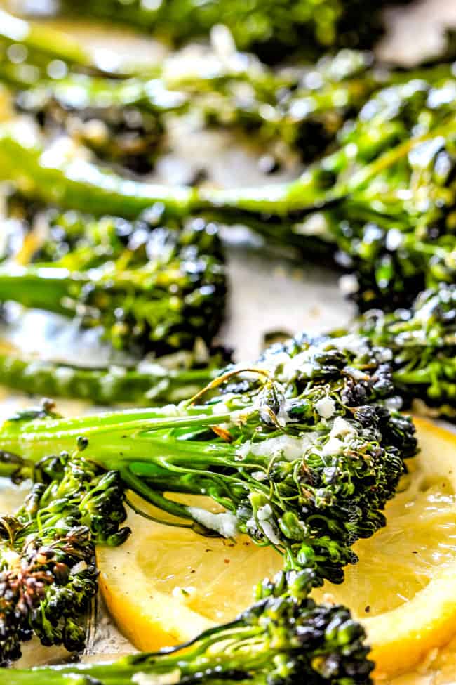 Close up view of Roasted Parmesan Lemon Garlic Broccoli.