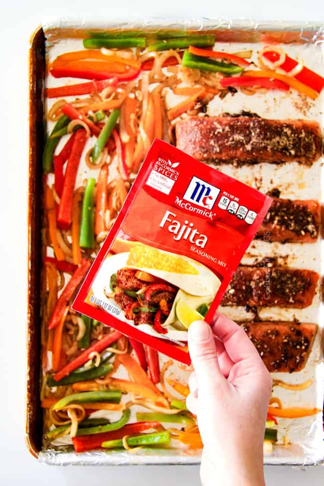 Showing how to make Sheet Pan Fajita Salmon with Cilantro Lime Butter by adding Fajita mix packed by McCormick.
