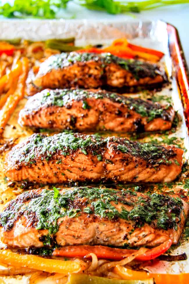 Several Sheet Pan Fajita Salmon with Cilantro Lime Butter on a pan.