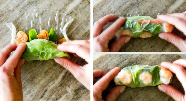 These insanely delicious Fresh Shrimp Spring Rolls are a flavor and texture explosion in every addictive bite and super easy to make with all my tips and tricks and step by step photos! and the the Pineapple Hoisin Peanut Sauce is EVERYTHING! showing how to make Vietnamese spring rolls by folding rolling up rice paper