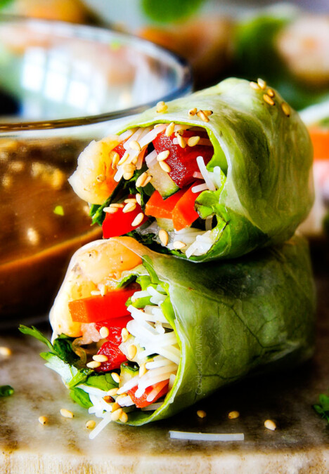 These insanely delicious Fresh Shrimp Spring Rolls are a flavor and texture explosion in every addictive bite and super easy to make with all my tips and tricks and step by step photos! and the the Pineapple Hoisin Peanut Sauce is EVERYTHING!