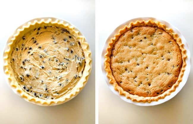 make ahead Million Dollar Cookie Pie layered with Nutella, Dulce de Leche and cookie dough! This is hands down the best skillet cookie I've ever made and its always such a crowd pleaser! showing how to make easy cookie pie by adding chocolate chip cookie dough to nutella and baking until golden