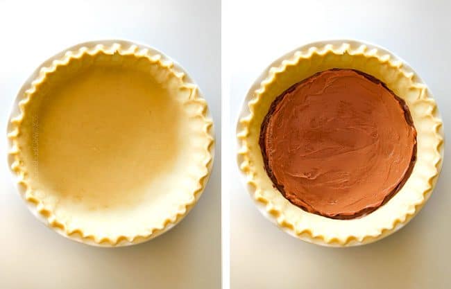 make ahead Million Dollar Cookie Pie layered with Nutella, Dulce de Leche and cookie dough! This is hands down the best skillet cookie I've ever made and its always such a crowd pleaser! showing how to make cookie pie by adding premade pie crust to pie pan and filling with nutella