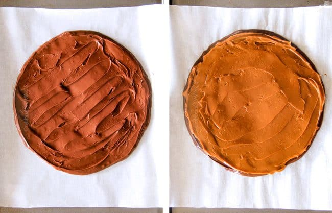 make ahead Million Dollar Cookie Pie layered with Nutella, Dulce de Leche and cookie dough! This is hands down the best skillet cookie I've ever made and its always such a crowd pleaser! showing how to make cookie pie by making a disc of nutella and a disc of dulce de leche and freezing