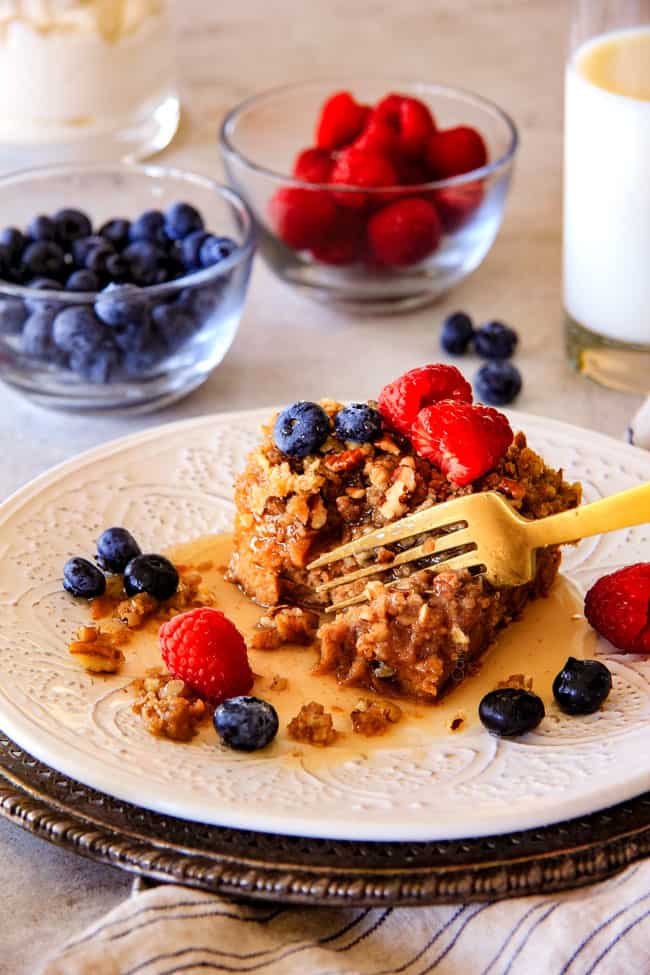 rench Toast Casserole infused with wonderfully sweet caramel-like dulce de leche is decadently delicious and all prepared in advance making it ideal for busy or special occasion breakfast. And don't skip the Brown Sugar Pecan Topping - its out of this world! a fork slicing into best French Toast Casserole on a white plate