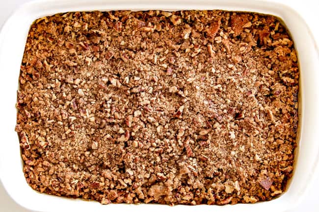 Easy Overnight Dulce de Leche French Toast Casserole infused with wonderfully sweet caramel-like dulce de leche is decadently delicious and all prepared in advance making it ideal for busy or special occasion breakfast. And don't skip the Brown Sugar Pecan Topping - its out of this world! showing how to make French Toast Casserole by baking in the oven until topping is golden