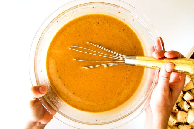 Easy Overnight Dulce de Leche French Toast Casserole infused with wonderfully sweet caramel-like dulce de leche is decadently delicious and all prepared in advance making it ideal for busy or special occasion breakfast. And don't skip the Brown Sugar Pecan Topping - its out of this world! showing how to make French Toast Casserole b mixing eggs, half and half, brown sugar, vanilla extract and dulce de leche together