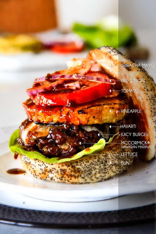 Amazingly juicy Hawaiian Burgers BURSTING with flavor, smothered in Havarti cheese, more Hawaiian Sauce and topped with caramelized pineapple. This might be the best burger. EVER!