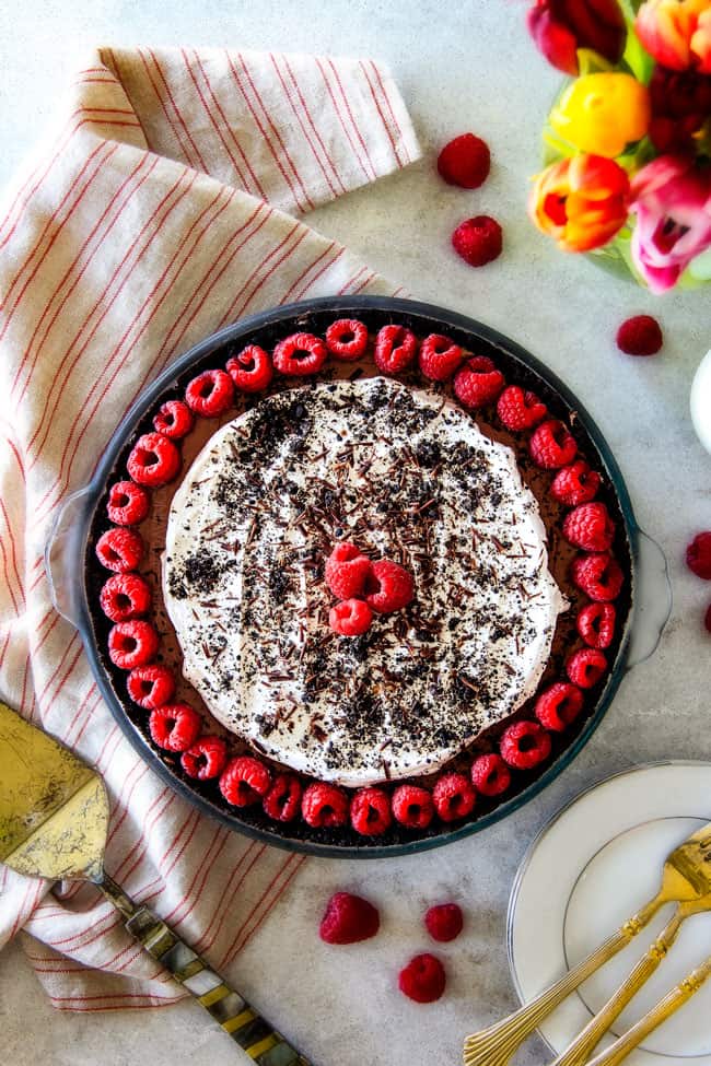 Wonderfully rich, crazy creamy, heavenly Mississippi Mud Pie with 4 EASY layers of decadence! Everyone will beg you for this TO LIVE FOR recipe! top view of Mississippi mud pie with Oreo crust