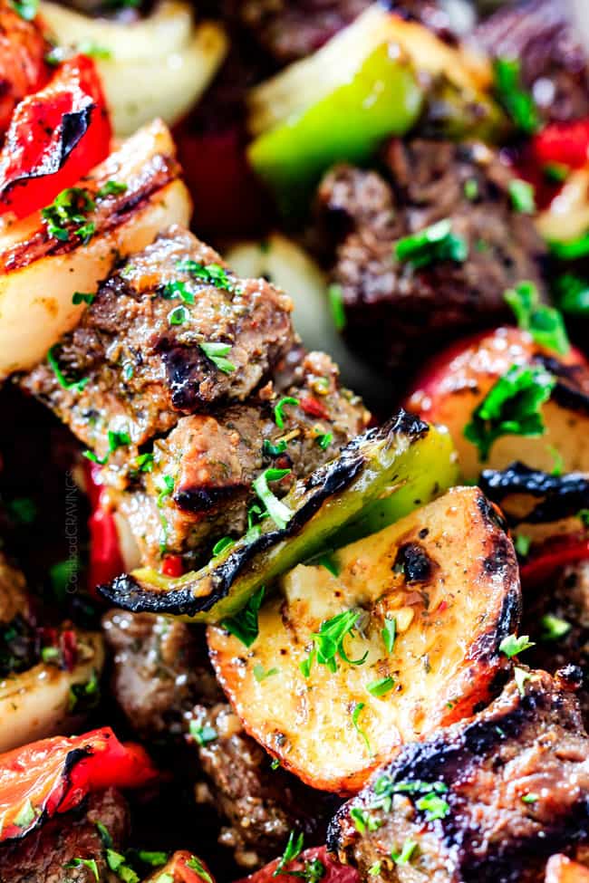 Extreme close up of Brazilian Steak Kabobs