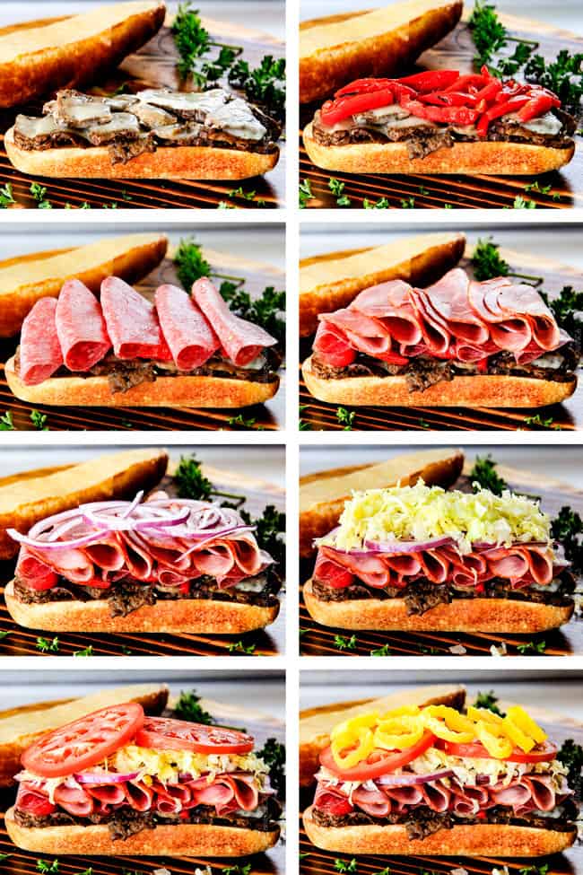 Easy, customizable LOADED Slow Cooker Italian Beef Sandwiches are crazy tender, seeping with flavor and unbelievably delicious! They make the easiest dinner or party food and super fun (make ahead!) sandwich bar! a collage showing how to make Italian Beef Sandwiches by topping with provolone, Italian Beef, roasted bell peppers, Genoa Salami, Capacolla, red onions, chopped lettuce, tomatoes and pepperoncini