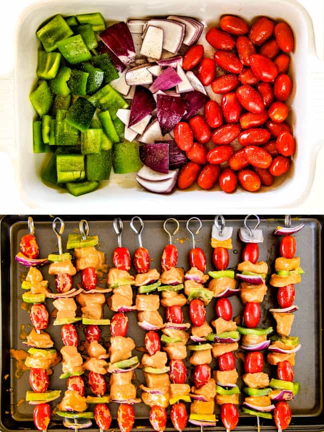 Showing how to put vegetables and chicken on a skewer.