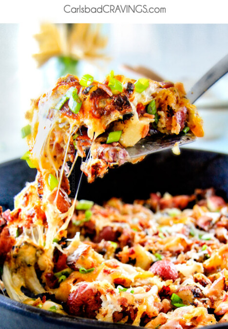 These EASY Baked or Grilled Cheesy Bacon Potatoes are so ADDICTING!  they are perfectly spiced, ssooooo cheesy and I love the soft centers and crispy edges!  Tastes like potato skins but better!