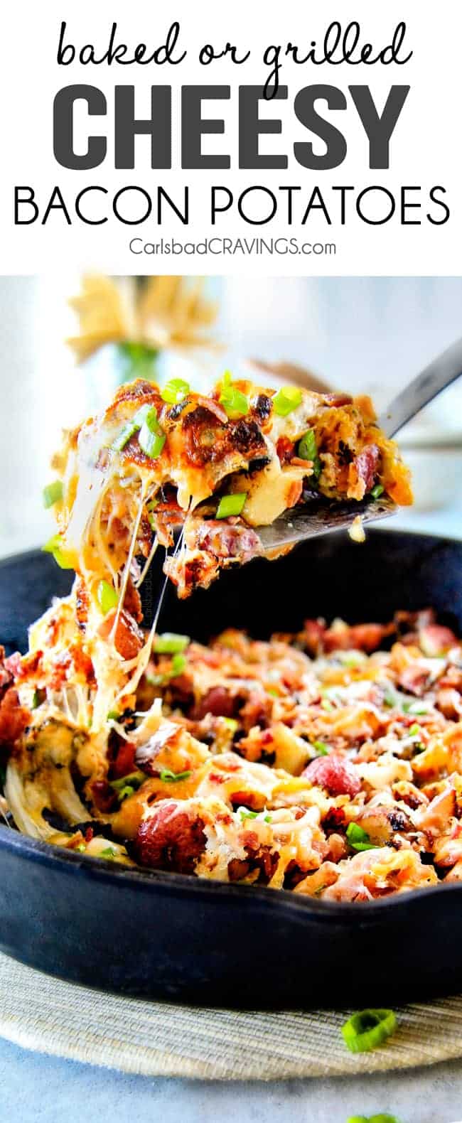 These EASY Baked or Grilled Cheesy Potatoes with Bacon are so ADDICTING! they are perfectly spiced, ssooooo cheesy and I love the soft centers and crispy edges! Tastes like potato skins but better!