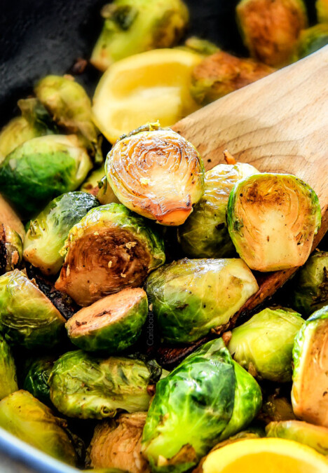 These nutty, caramelized 15 Minute Brussels Sprouts sauteed with garlic, butter and lemon are one of my favorite sides ever and I love the steaming trick for even cooking!