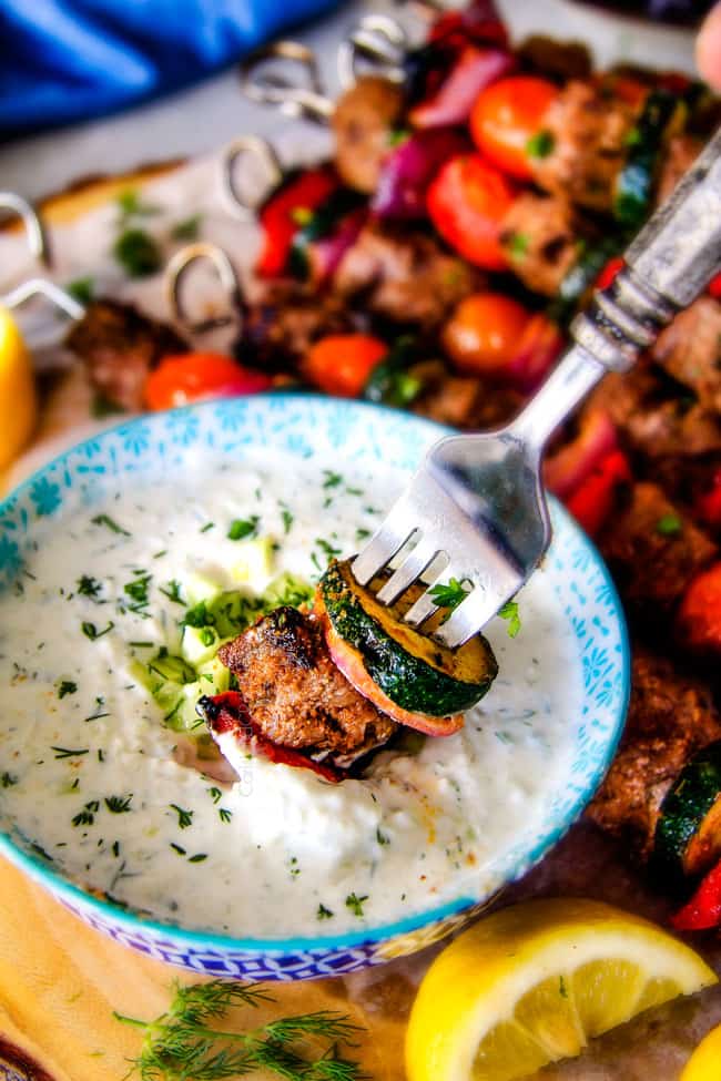 These easy Baked or Grilled Greek Beef Kabobs are so crazy juicy and exploding with flavor in every mouthwatering bite! And the creamy, refreshing Whipped Feta Whipped Feta Tzatziki Dip is out of this world!
