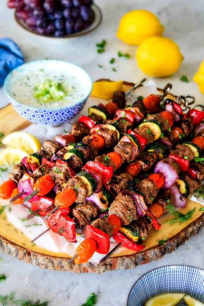 These easy Baked or Grilled Greek Beef Kabobs are so crazy juicy and exploding with flavor in every mouthwatering bite! And the creamy, refreshing Whipped Feta Whipped Feta Tzatziki Dip is out of this world!