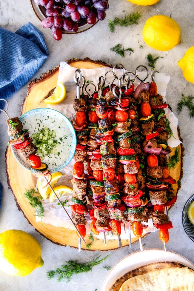 These easy Baked or Grilled Greek Beef Kabobs are so crazy juicy and exploding with flavor in every mouthwatering bite! And the creamy, refreshing Whipped Feta Whipped Feta Tzatziki Dip is out of this world!