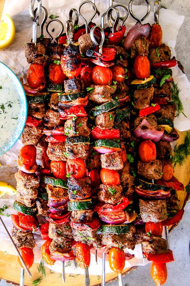 These easy Baked or Grilled Greek Beef Kabobs are so crazy juicy and exploding with flavor in every mouthwatering bite! And the creamy, refreshing Whipped Feta Whipped Feta Tzatziki Dip is out of this world!