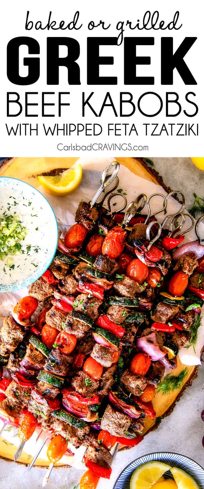 These easy Baked or Grilled Greek Beef Kabobs are so crazy juicy and exploding with flavor in every mouthwatering bite! And the creamy, refreshing Whipped Feta Whipped Feta Tzatziki Dip is out of this world!