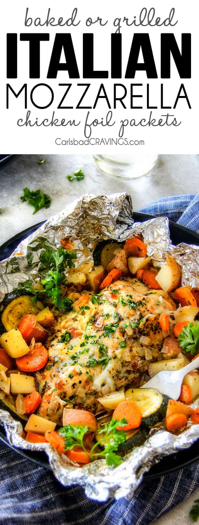 Baked or Grilled Italian Mozzarella Chicken Foil Packets are bursting with astonishingly juicy, flavorful chicken and tender, seasoned Potatoes, Carrots and Zucchini all smothered with Mozzarella Cheese! These foil packets are meal-in-one that are quick to throw together and even quicker to clean up!
