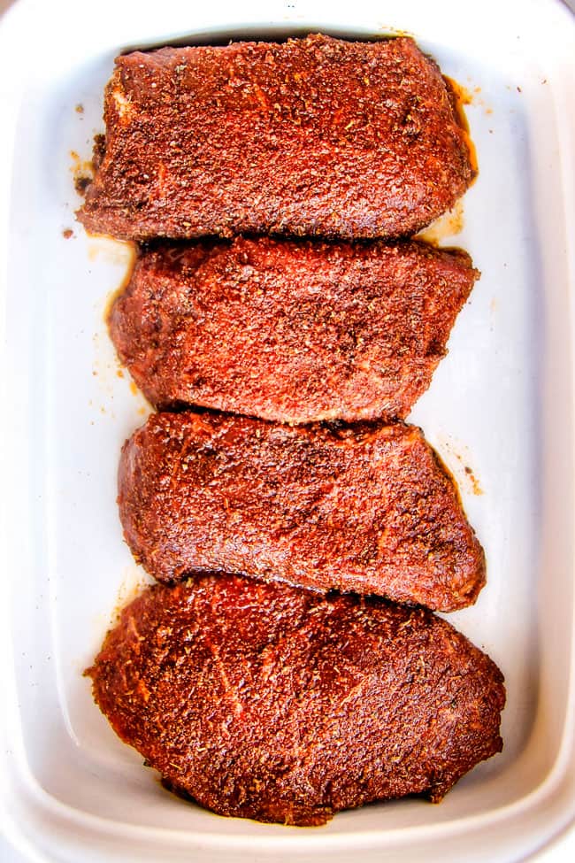 Spice Rubbed Steaks with Herb Butter (grill or pan seared) with a caramelized seasoned crust and the most amazing rich and bright Herb Butter with STEP BY STEP instructions, tips and tricks! This easy Steak Spice Rub alone is out of this world!