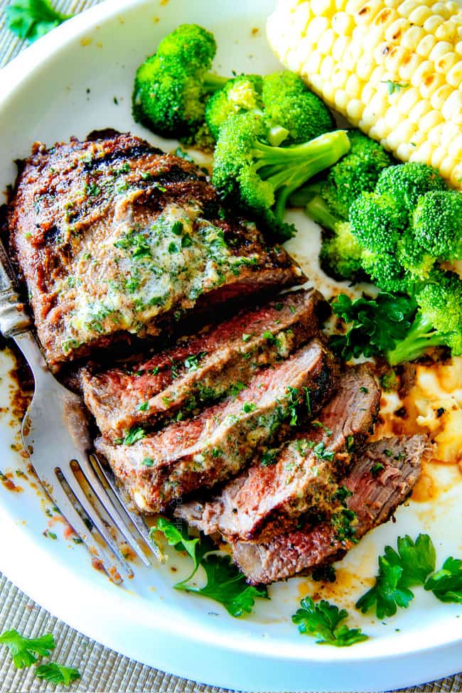 Spice Rubbed Steaks with Herb Butter (grill or pan seared) with a caramelized seasoned crust and the most amazing rich and bright Herb Butter with STEP BY STEP instructions, tips and tricks! This easy Steak Spice Rub alone is out of this world!
