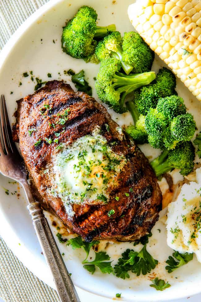 Spice Rubbed Steaks with Herb Butter (grill or pan seared) with a caramelized seasoned crust and the most amazing rich and bright Herb Butter with STEP BY STEP instructions, tips and tricks! This easy Steak Spice Rub alone is out of this world!