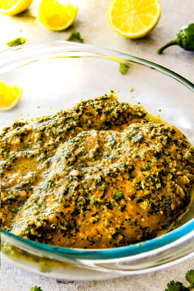 Cilantro Lime Chicken marinading in a bowl.