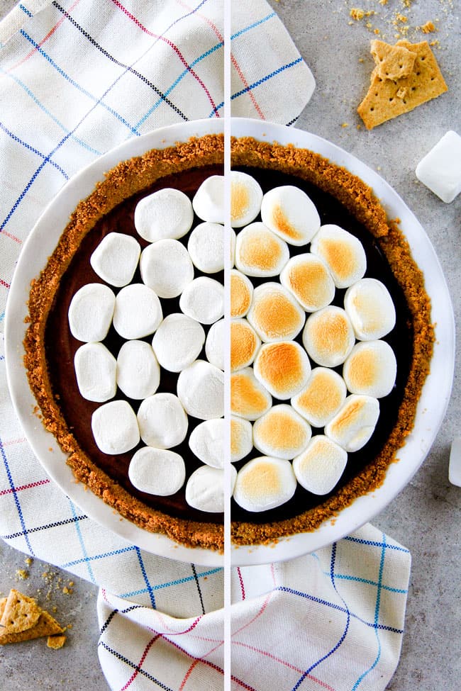 Showing how to make Nutella S'mores Pie with marshmallow on top toasted.