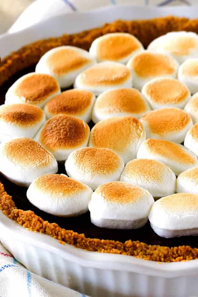 Fresh baked Nutella S'mores Pie with marshmallow on top.