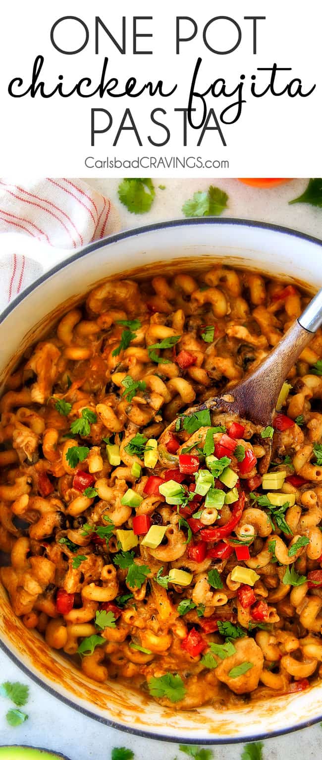 top view of easy chicken fajita pasta with chicken and bell peppers
