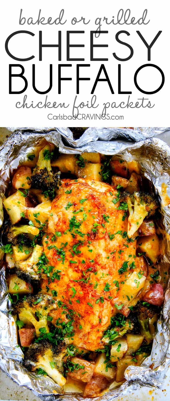 EASY Baked or Grilled Cheesy Buffalo Chicken Foil Packets bursting with juicy chicken and tender, flavorful veggies all smothered in cheddar and dipped in Ranch Crema! these are SO addictingly delicious!!!