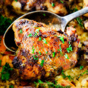 Juicy Garlic Herb Chicken baked in ONE PAN with Parmesan mozzarella Scalloped Sweet Potatoes! This is one of my favorite dinners ever! so much flavor and a meal-in-one!