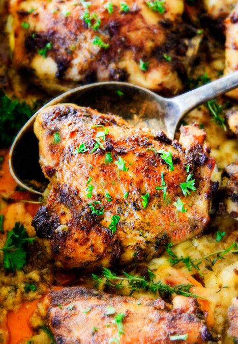 Juicy Garlic Herb Chicken baked in ONE PAN with Parmesan mozzarella Scalloped Sweet Potatoes!   This is one of my favorite dinners ever!  so much flavor and a meal-in-one!