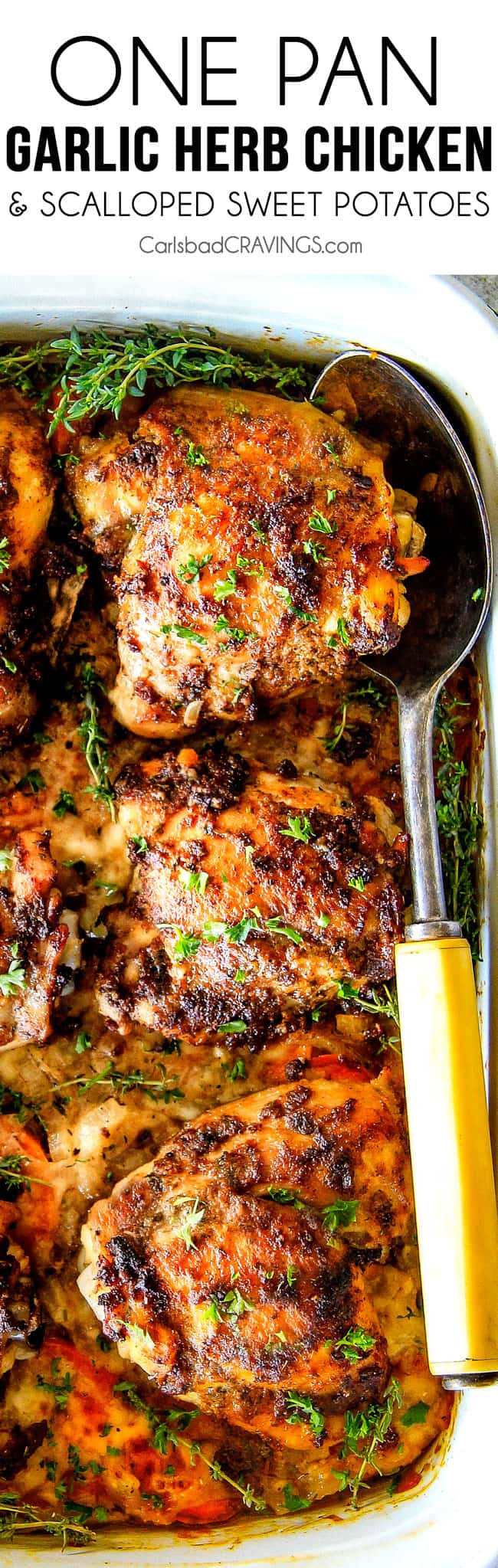 Juicy Garlic Herb Chicken baked in ONE PAN with Parmesan mozzarella Scalloped Sweet Potatoes! This is one of my favorite dinners ever! so much flavor and a meal-in-one!