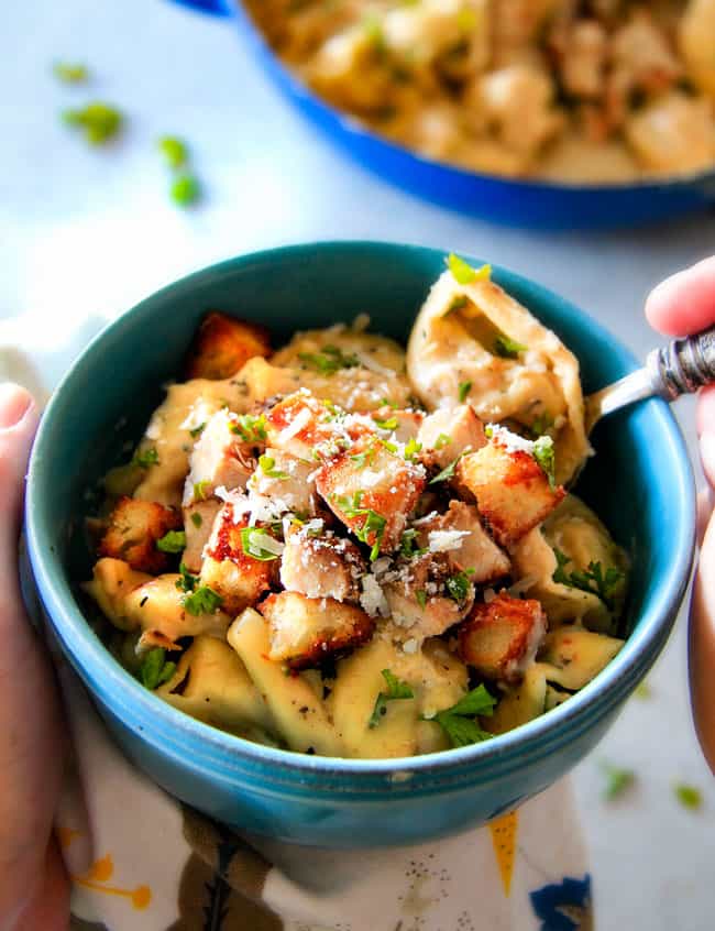 Caesar Chicken Tortellini in a teal bowl.