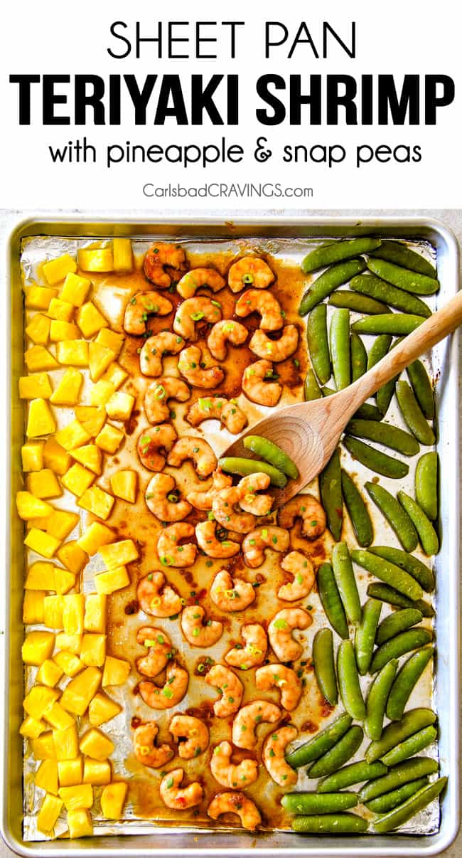 I am in love with this Sheet Pan Teriyaki Shrimp, Pineapple and Snap Peas! Its SO easy, healthy, a meal-in-one and the homemade Teriyaki sauce is the best I've ever had (DON'T be tempted to use store bought!)! I'm always keeping frozen shrimp on hand so I can make this any time! top view of teriyaki shrimp on a sheet pan with pineapple and snow peas.