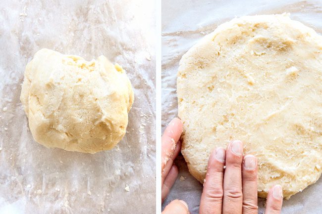 showing how to make pie crust by rolling dough into a disc