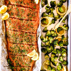 25 MINUTE Baked Lemon Garlic Butter Salmon with Crispy Parmesan Panko & Broccoli! This salmon is not only bursting with flavor and sooo tender but the easiest, most satisfying meal that tastes totally gourmet! My parents were blown away by this meal!