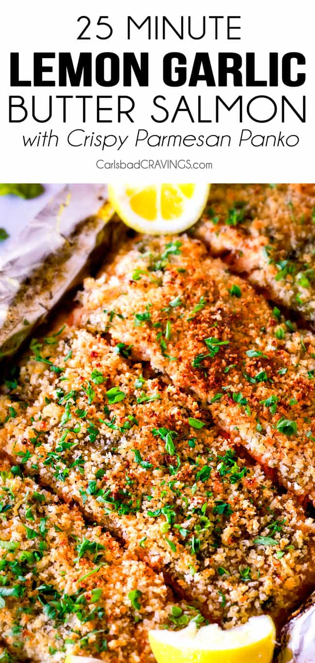 25 MINUTE Baked Lemon Garlic Butter Salmon with Crispy Parmesan Panko & Broccoli!ย This salmon is not only bursting with flavor and sooo juicy and tender but the easiest, most satisfying meal that tastes totally gourmet!ย My parents were blown away by this meal!