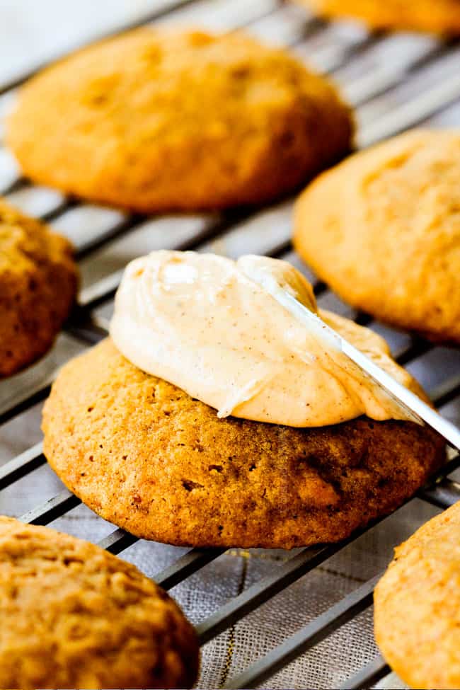 These are the BEST Pumpkin Cookies I've ever had! They are super soft, tons of flavor and the Cinnamon Cream Cheese Frosting is so addicting I was licking the bowl! I brought these to a Halloween Party and they were the first dessert gone!