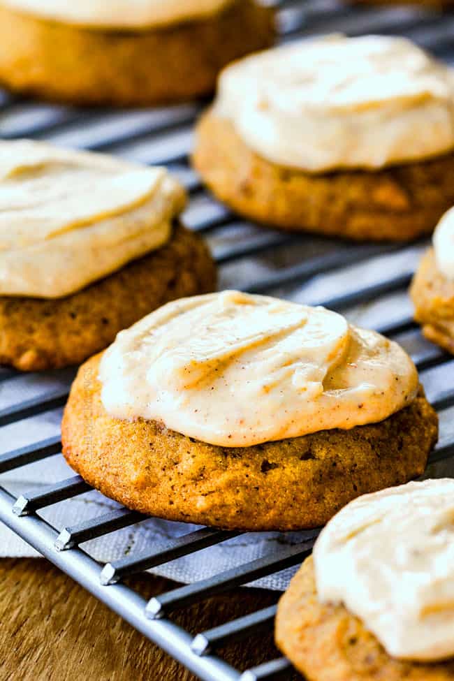These are the BEST Pumpkin Cookies I've ever had! They are super soft, tons of flavor and the Cinnamon Cream Cheese Frosting is so addicting I was licking the bowl! I brought these to a Halloween Party and they were the first dessert gone!