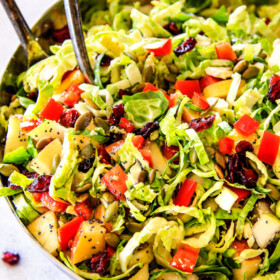 Cranberry Apple Shaved Brussels Sprouts Salad with Lemon Poppy Seed Dressing is one of my favorite salads IN THE WORLD! It belongs on your table this Thanksgiving and Christmas and all season long! The perfect STRESS FREE make ahead side that is flavor and texture heaven! #thanksgivingside #thanksgivingsalad