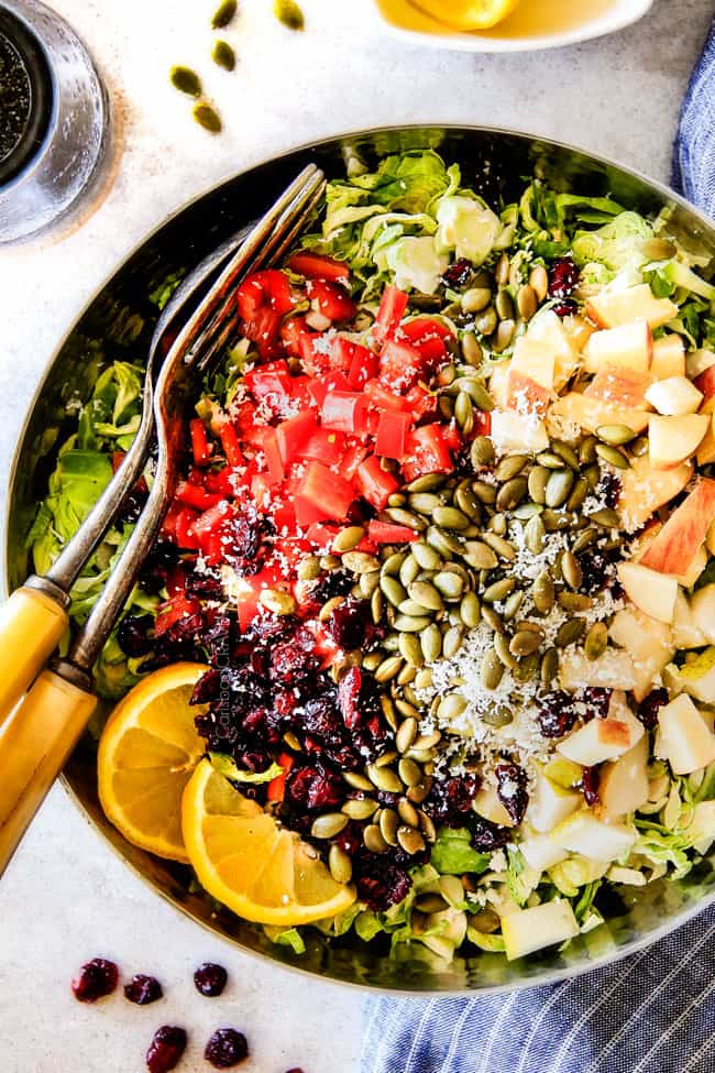 Cranberry Apple Brussels Sprouts Salad with seeds on top.
