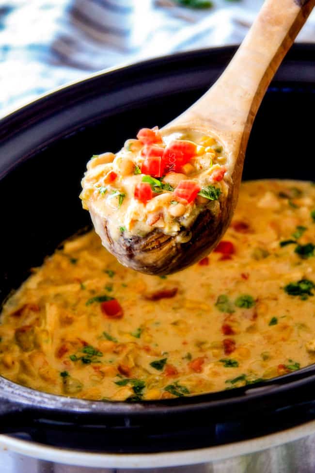 A scoop of Crockpot White Chicken Chili.